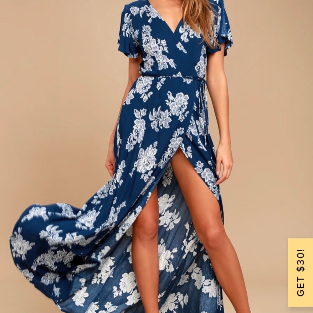 Lulus navy blue floral wrap dress